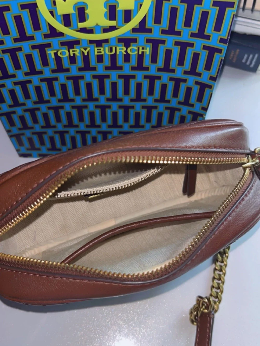 Tory Burch Brown Quilted Leather Mini Crossbody with Gold Logo